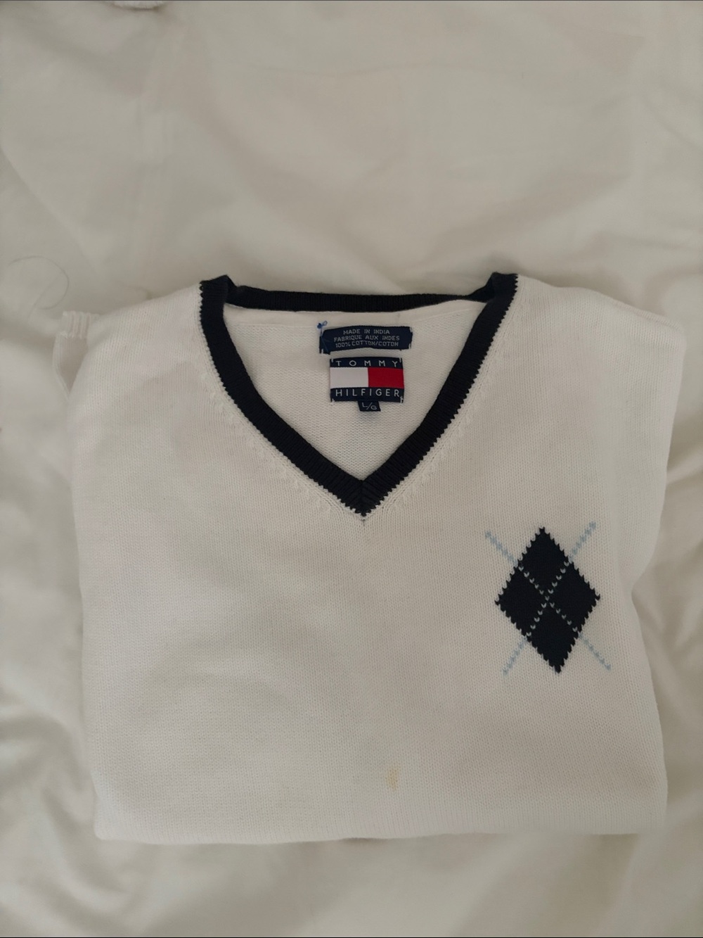 Tommy Hilfiger White V-Neck Argyle Knit Sweater